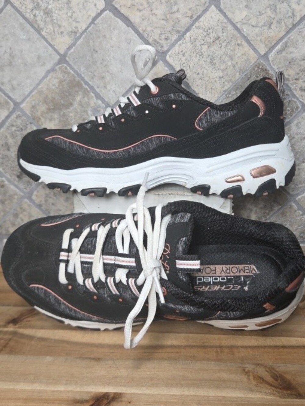 Skechers D'Lites 11936 Black Rose Gold Leather Jersey Sneakers Womens Size 9.5 M